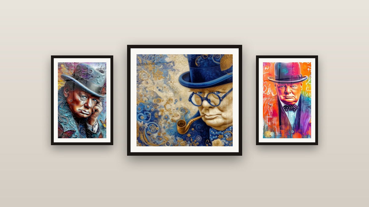Parete galleria con tre quadri incorniciati, tra cui Uomo Dignità Silenziosa e Uomo con cappello Pensiero Turbinante