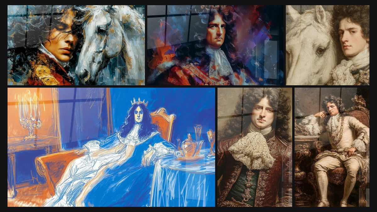 Mosaic of six paintings, including Portrait Wall Art Radiant Dignity, Royal King Splendor and Nobleman on White Horse Majesty