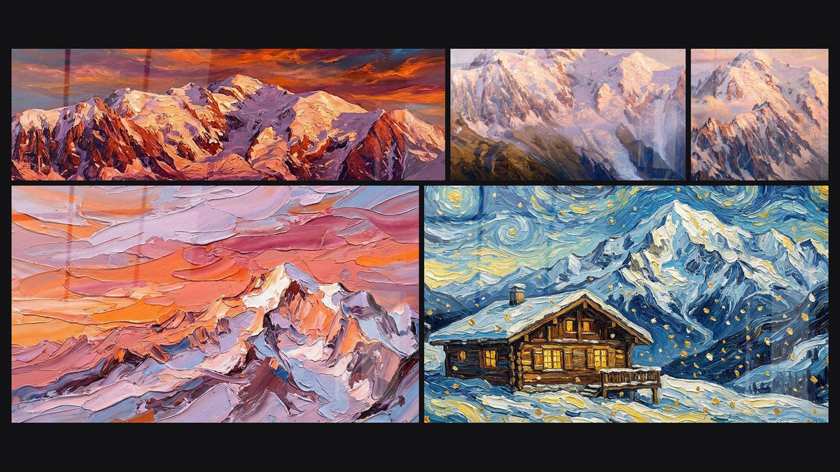 Mosaik aus fünf Gemälden, darunter Bergmassiv, Bergtafel Schneebedeckt und Berghütte Mont Blanc