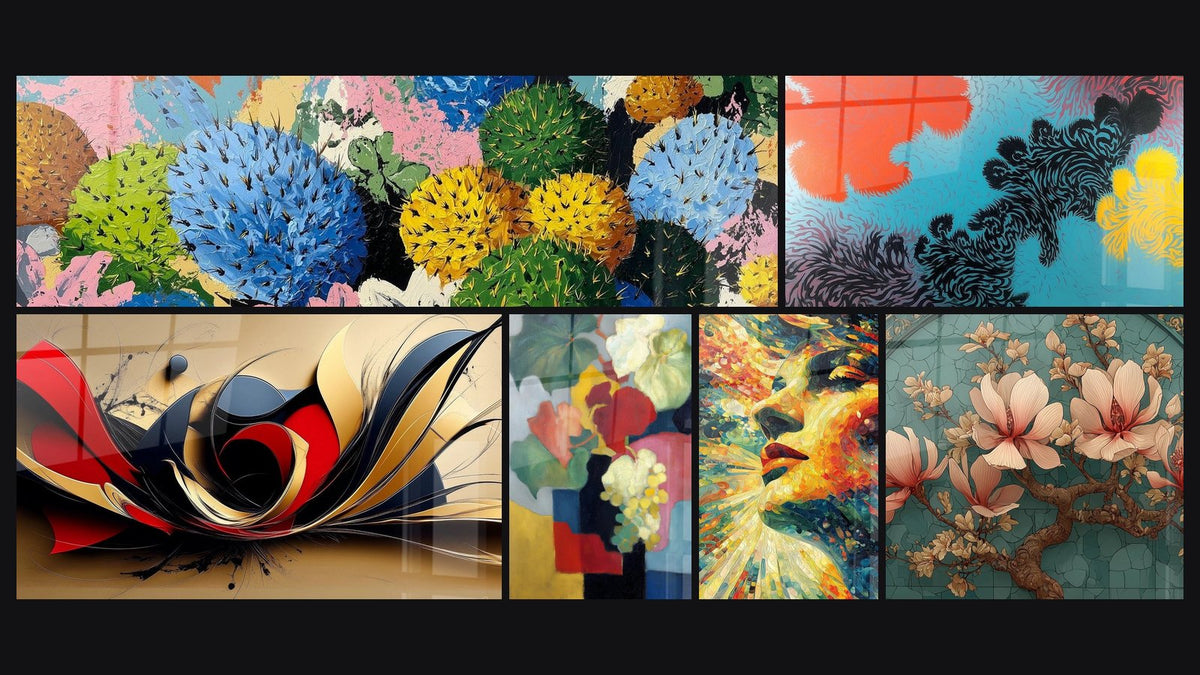 Mosaic of six paintings, including Colorful Floral Explosion, Abstract Movement and Magnolia Emotion Carmine Wall Panel