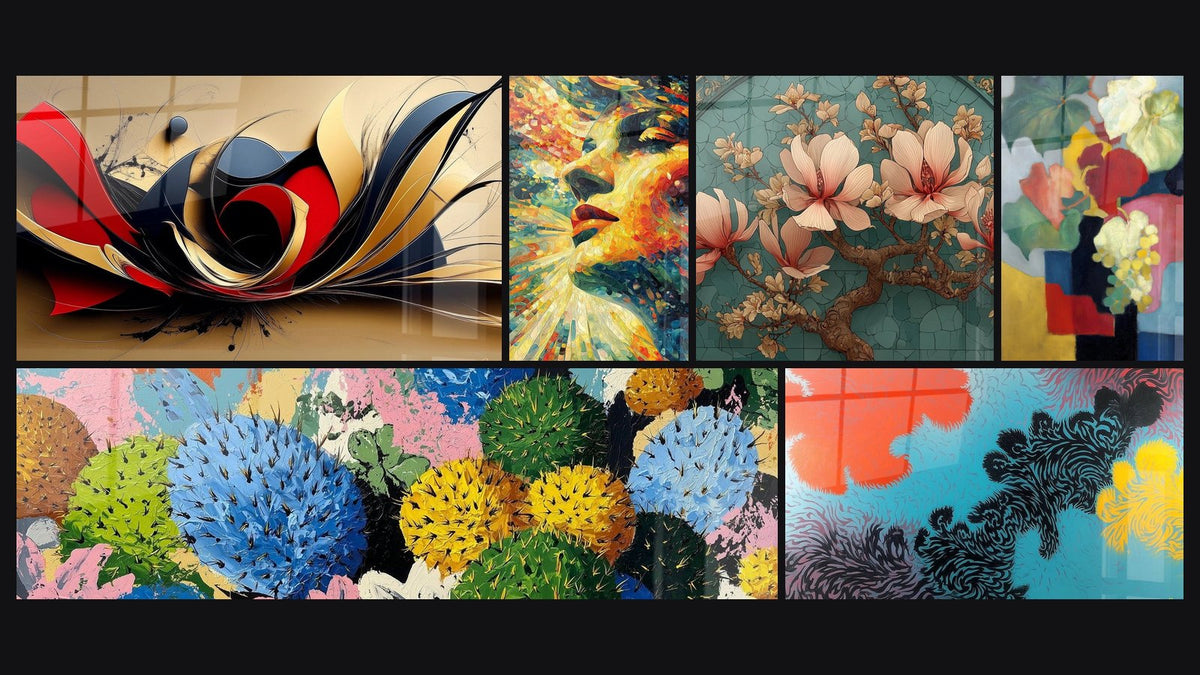 Mosaico de seis cuadros, entre ellos Abstracto movimiento, Rostro Mujer Paleta Vibrante y Magnolia Emoi Rojo Carmesí