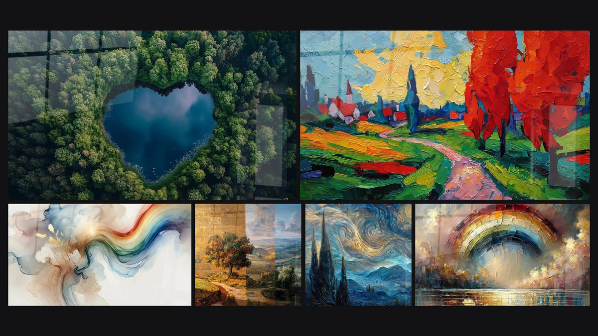Mosaik aus sechs Gemälden, darunter Farbige ländliche Landschaft und Träumerei in Farben