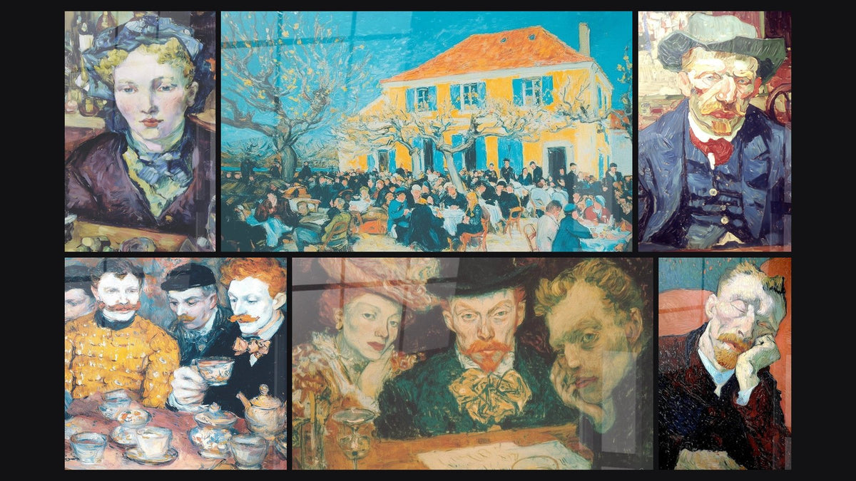 Mosaïque de six tableaux, dont Femme reflets nacrés, Hommes café convivialité partagée et Village Bonheur Simple