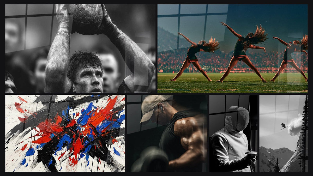 Mosaik aus sechs Gemälden, darunter Rugbyspieler, Abstrakte Explosions-Kunstwerk und Boxer Trainings-Wandbild