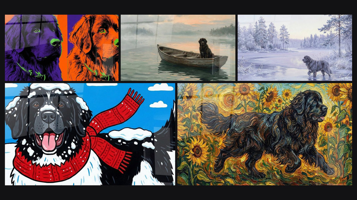 Mosaïque de cinq tableaux, dont Duo de Chiens aux Couleurs Vives et Terre Neuve Noir dans Tournesols Dorés