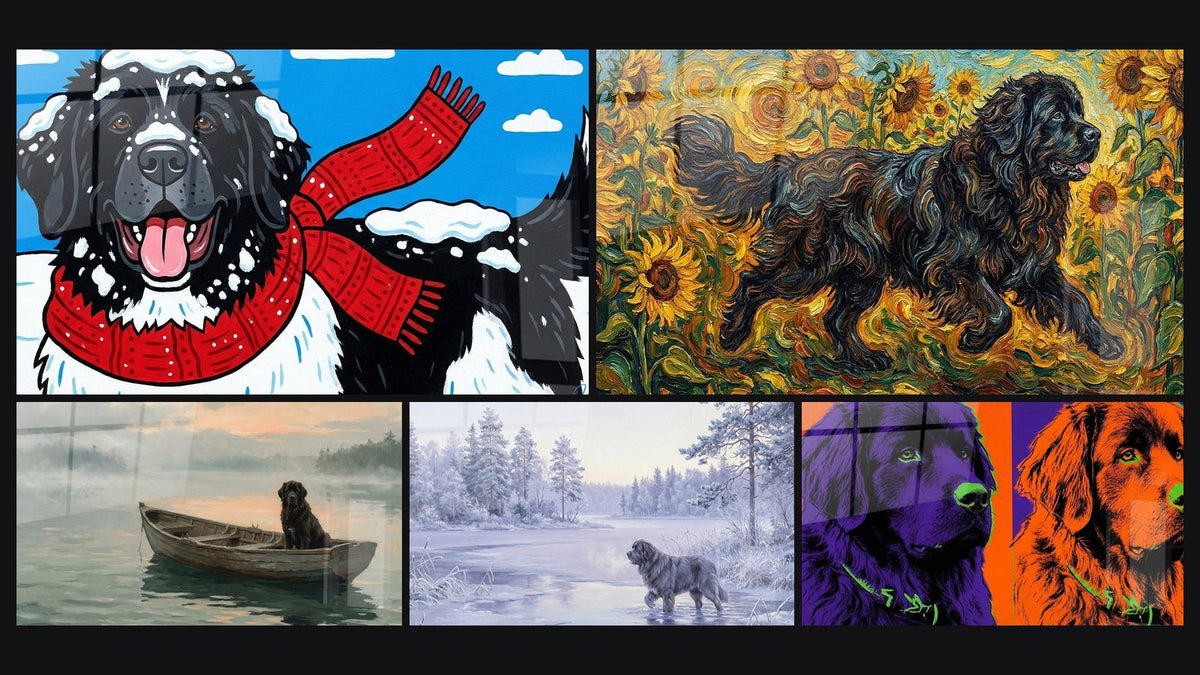 Mosaïque de cinq tableaux, dont Terre Neuve Noir dans Tournesols Dorés et Duo de Chiens aux Couleurs Vives