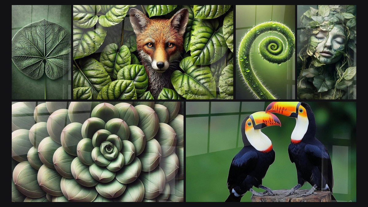 Mozaïek van zes schilderijen, waaronder Symmetrische Groene Lijst, Geometrie van het Groen en Tussen Groen en Vuur