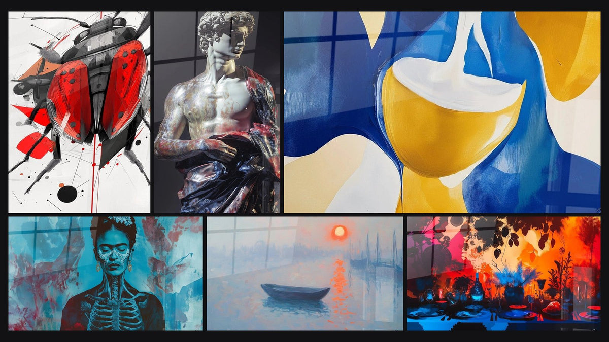 Mozaika sześciu obrazów, w tym Inspirowany biedronką Sonii Delaunay N°1 i Inspirowany Dawidem Michel-Ange N°3