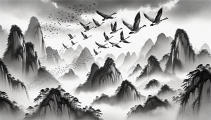 Peinture à l'encre dynastie Song montrant oies sauvages en vol au-dessus de montagnes brumeuses, style monochrome naturaliste et contemplatif