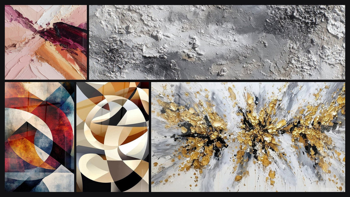 Mosaico di cinque quadri, tra cui Astratto con tocchi rosa, viola e arancio e Forme geometriche circolari di