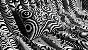 Motifs textiles Op Art années 1960 style Vasarely et Riley, illusions géométriques hypnotiques noir et blanc sur tissus d'intérieur