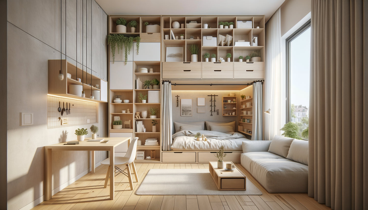 Studio moderne de 20m² optimisé avec meubles multifonctions, rangements verticaux et zonage invisible