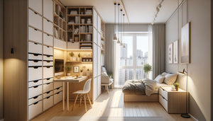 Petit studio Airbnb moderne avec solutions de rangement vertical, mobilier multifonction et organisation optimisée de l'espace