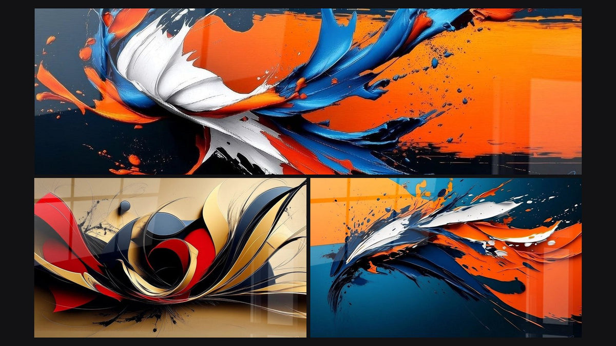 Mosaico di tre quadri: Astratta esplosione di colori, Astratta movimento e Astratta dinamica