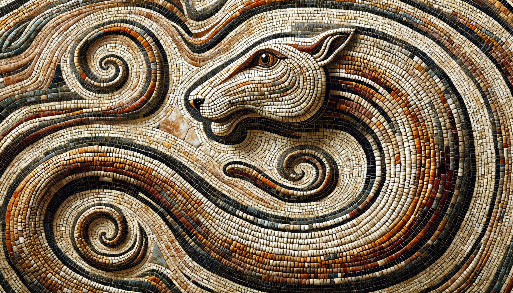 Gros plan d'une mosaïque romaine antique en opus vermiculatum montrant des tesselles minuscules disposées en lignes sinueuses