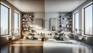 Comparaison visuelle d'un salon moderne avec meubles avant et après ajout de tableaux harmonisés