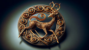 Fibule médiévale en or présentant un cerf stylisé en torsion caractéristique des bronzes animaliers scythes
