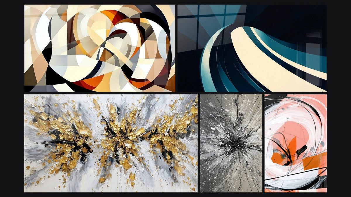 Mosaic of five paintings, including Interlocking circular shapes and Modern Spiral Wave