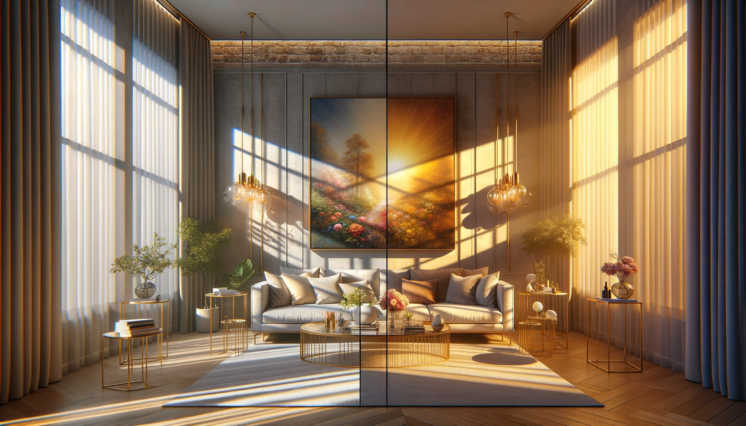 Comparaison des différentes orientations de fenêtres et leur impact lumineux sur l'exposition des tableaux dans un intérieur contemporain