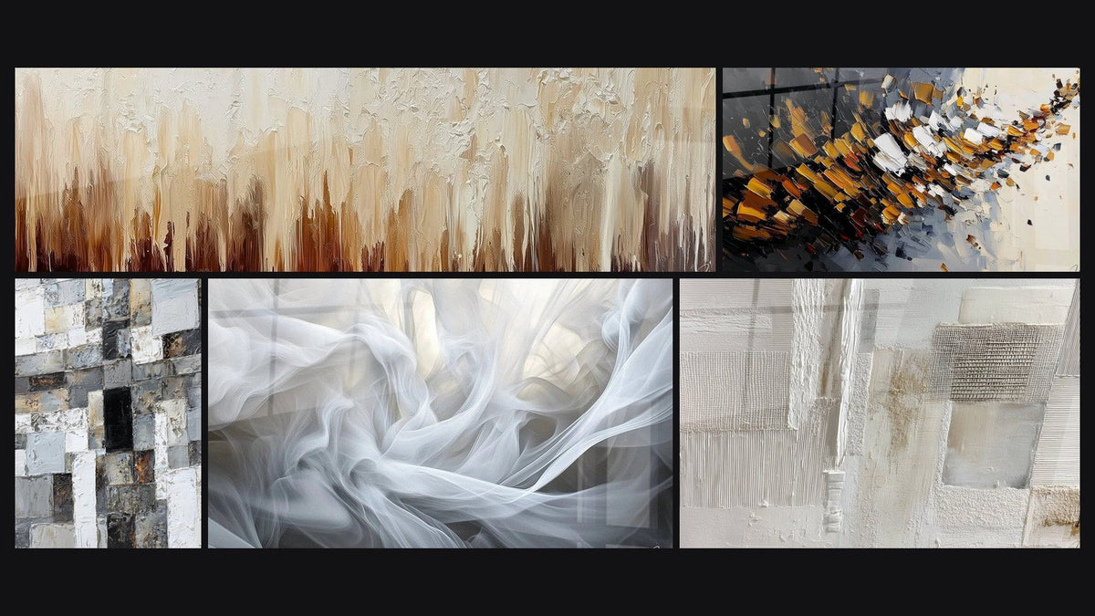Mosaic of five paintings, including Dynamic explosion, Abstract Gray and White Mosaic and Veils of Light