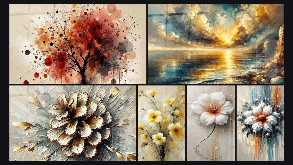 Mosaïque de six tableaux, dont Forêt Abstraite, Épanouissement Abstrait et Crépuscule Doré