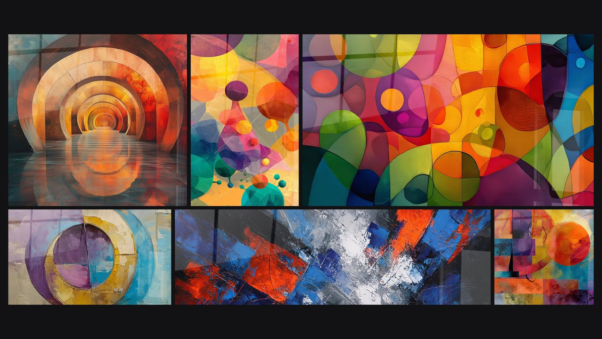 Mosaic of six paintings, including Meditative Arches Incandescent Orange and Concentric Colored Circles
