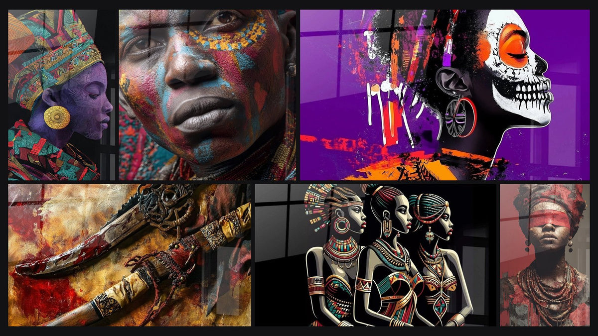 Mosaïque de six tableaux, dont Femme africaine colorée, Africain Masque pourpre et Épée Africaine Sang et or