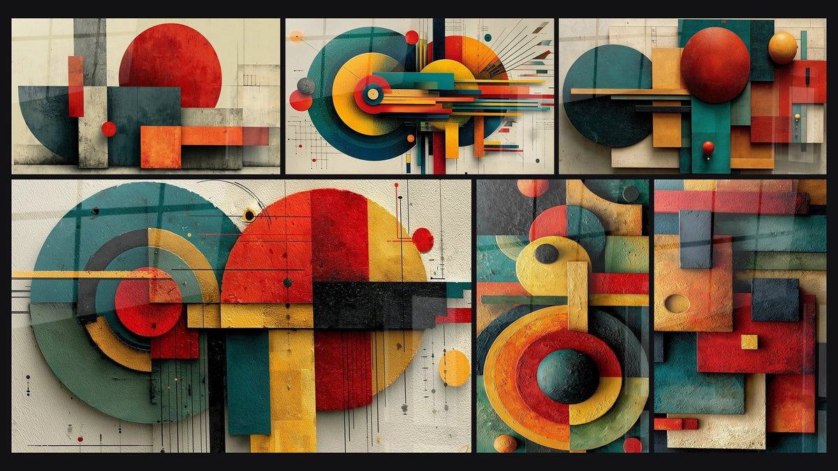 Mosaïque de six tableaux, dont Géométrie Soleil Industriel et Géométrique Énergie Concentrique