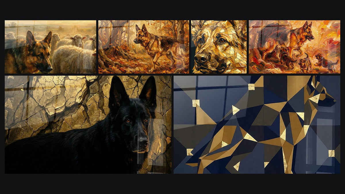Mosaico di sei quadri, tra cui Pastore Tedesco e Gregge al Tramonto e Pastore Tedesco Geometrico Dorato e Blu