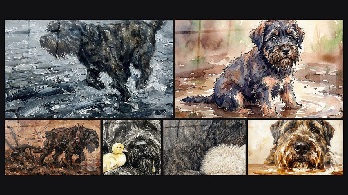 Mosaïque de six tableaux, dont Chien aux Tons Gris dans l'Eau et Chien Gris et Caneton Jaune
