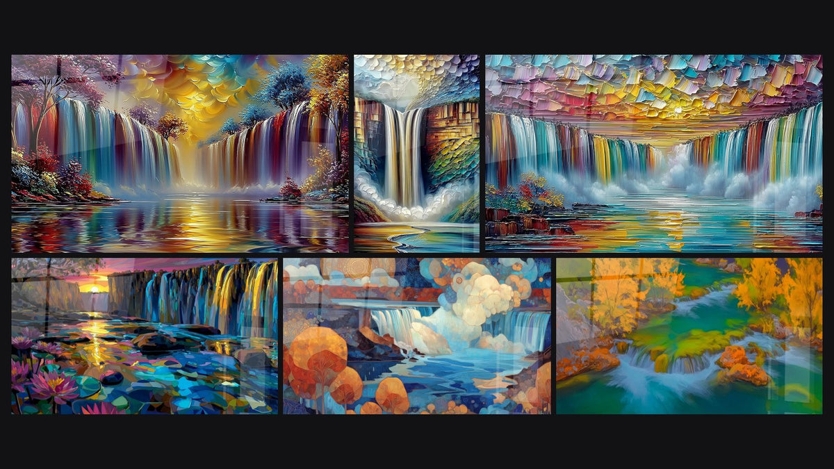 Mosaico di sei quadri, tra cui Cascata multicolore di, Cascata multicolore impressionista di e Cascata colorata con ninfee