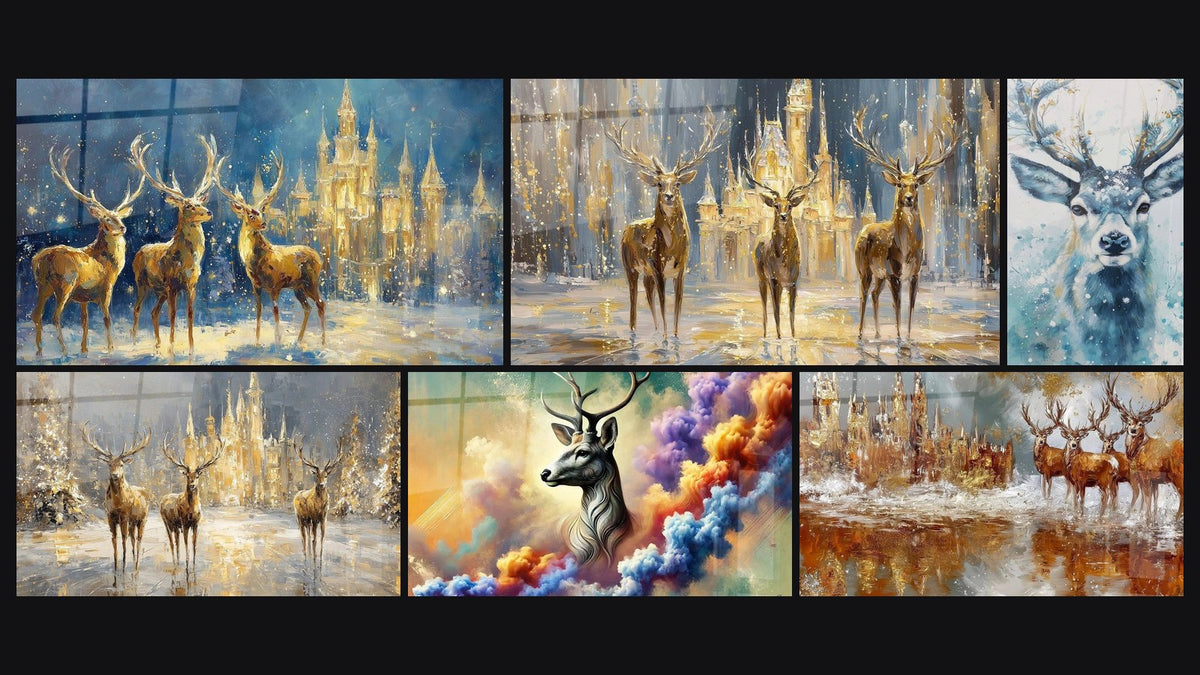 Mosaïque de six tableaux, dont Cerfs Flocons dansants au château et Cerfs Veilleurs du palais hivernal