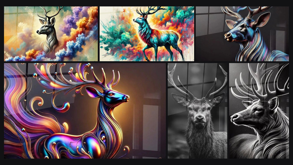 Mosaïque de six tableaux, dont Aura Spectrale du Cerf- Édition Animaux, Cerf Majestueux et Renaissance Colorée du Cerf