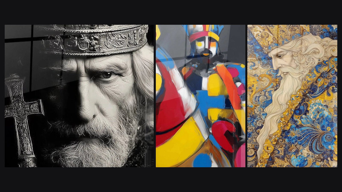 Mozaïek van drie schilderijen: Zilverbaard Koning, Koning Geometrische Kracht en Koningstabel Heilige Ornamenten