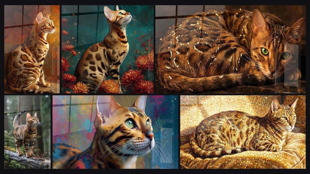 Mosaïque de six tableaux, dont Chat Bengal Assis, Chat Bengal sur Tronc et Chat Bengal aux Chrysanthèmes