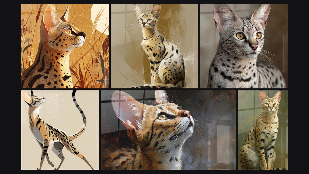 Mosaico di sei quadri, tra cui Chat Savannah in Erba Alta, Chat Savannah Stilizzata e Chat Savannah Ritratto Dorato