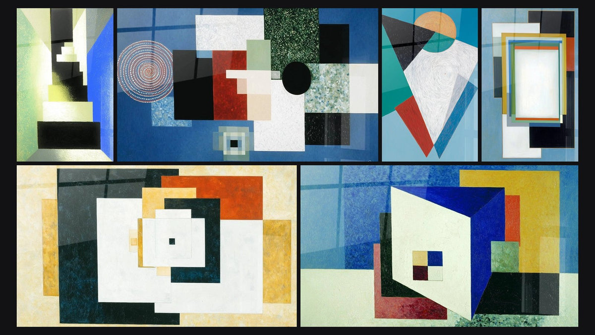Mosaïque de six tableaux, dont Formes Géométriques Équilibre Spatial et Composition Géométrique Ordre Rationnel