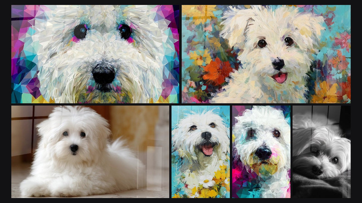 Mosaïque de six tableaux, dont Chien Blanc aux Yeux Expressifs Polygonaux et Petit Chien Blanc aux Yeux Tendres