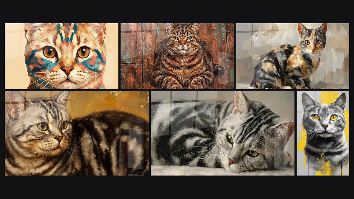 Mosaïque de six tableaux, dont Chat American Shorthair Coloré, Chat American Shorthair Tigré et Chat American Shorthair Roux
