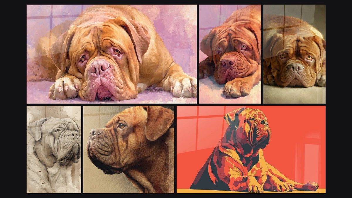 Mosaico di sei quadri, tra cui Dogue de Bordeaux Disteso dai Toni Rosati e Ritratto Canino Tonalità Seppia