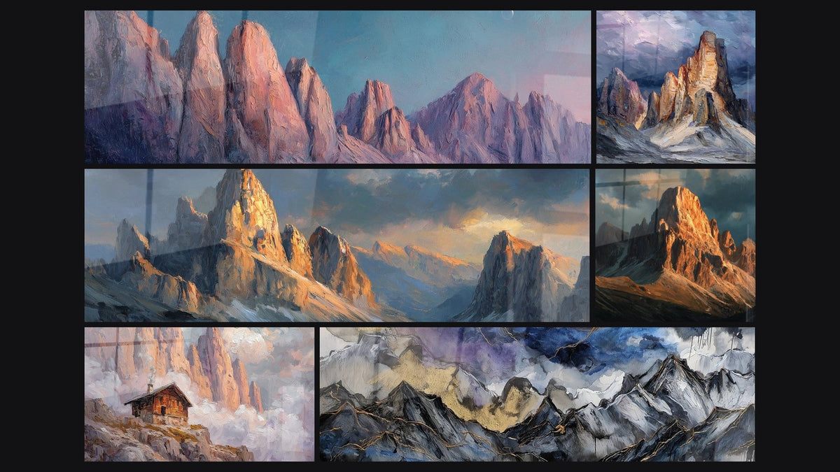 Mosaico di sei quadri, tra cui Dolomiti Panoramica, Montagne delle Dolomiti e Chalet di Montagna