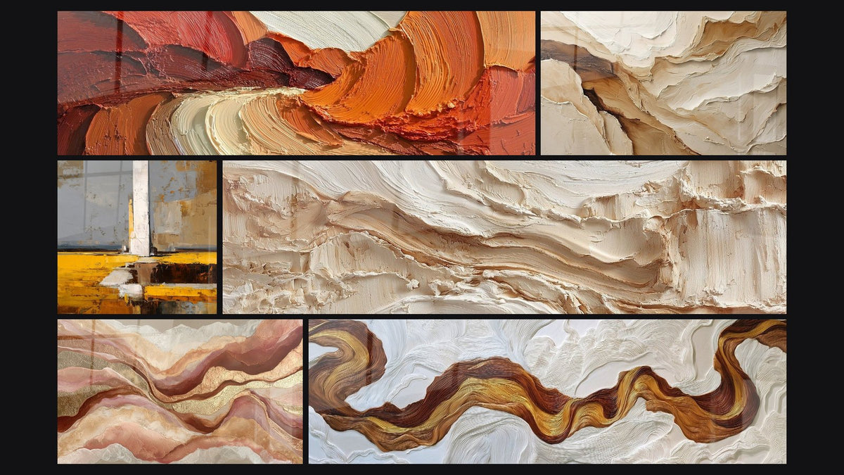 Mosaïque de six tableaux, dont Tourbillon Abstrait Rouge Orange et Beige et Abstrait Beige et Terre