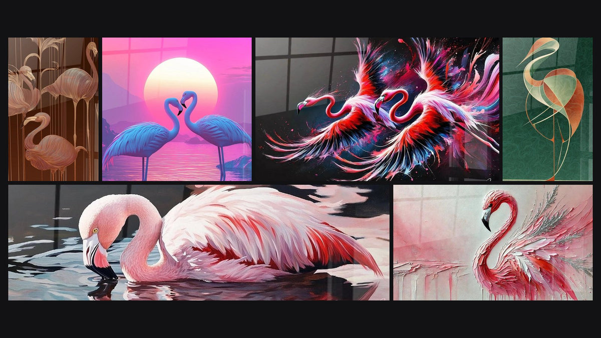 Mozaïek van zes schilderijen, waaronder Roze Flamingo, Roze flamingo weerspiegeling roze en Roze flamingo's Liefdeslicht