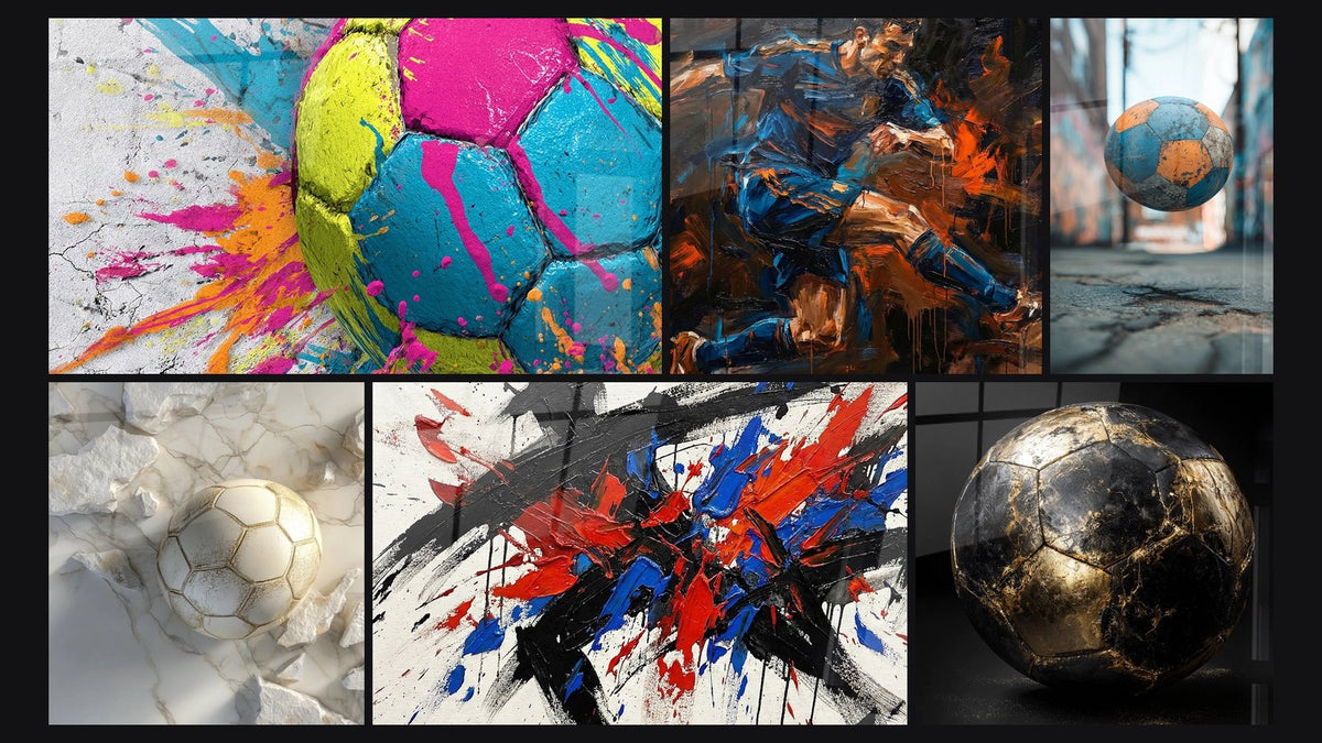 Mosaik aus sechs Gemälden, darunter Kunstvolles Fußball-Wandbild, Goldener Fußball und Fußballspieler in Aktion