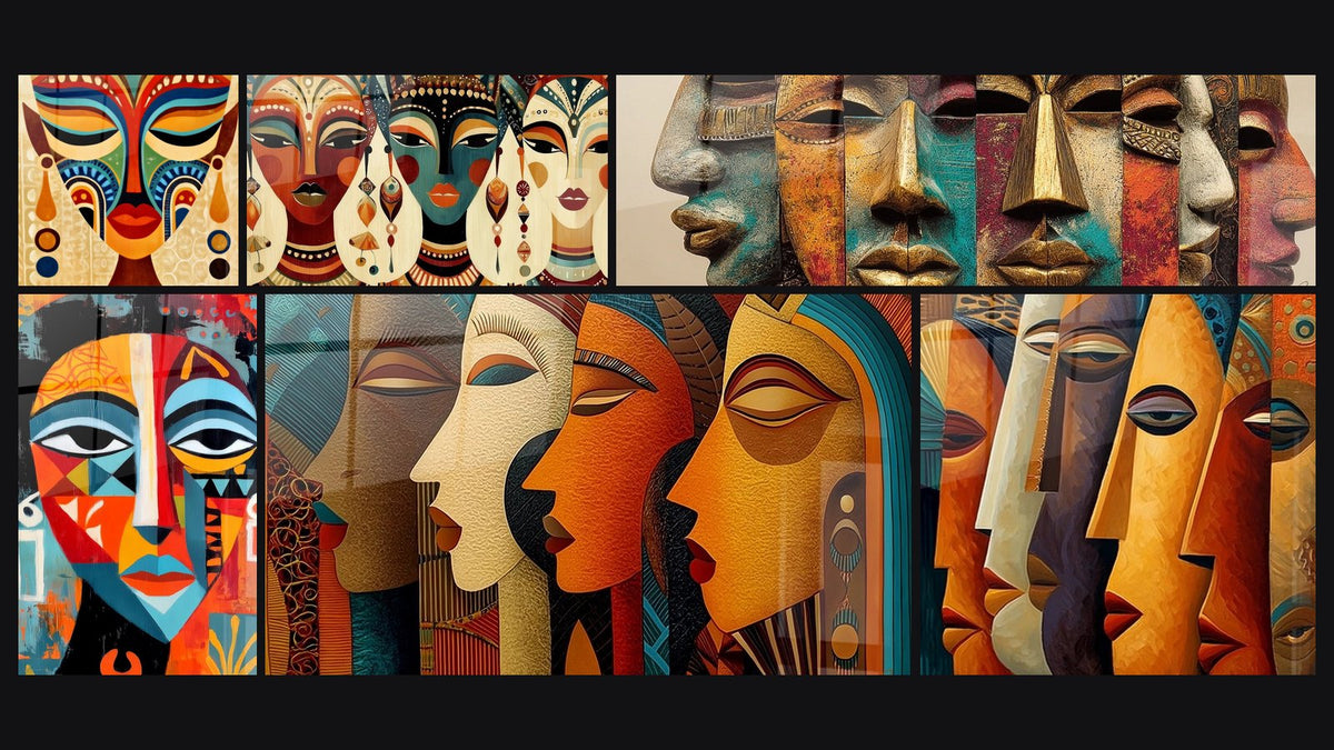 Mosaïque de six tableaux, dont Masque chef tribal, Masques Bénédiction tribale et Masque Polychrome Cérémoniel