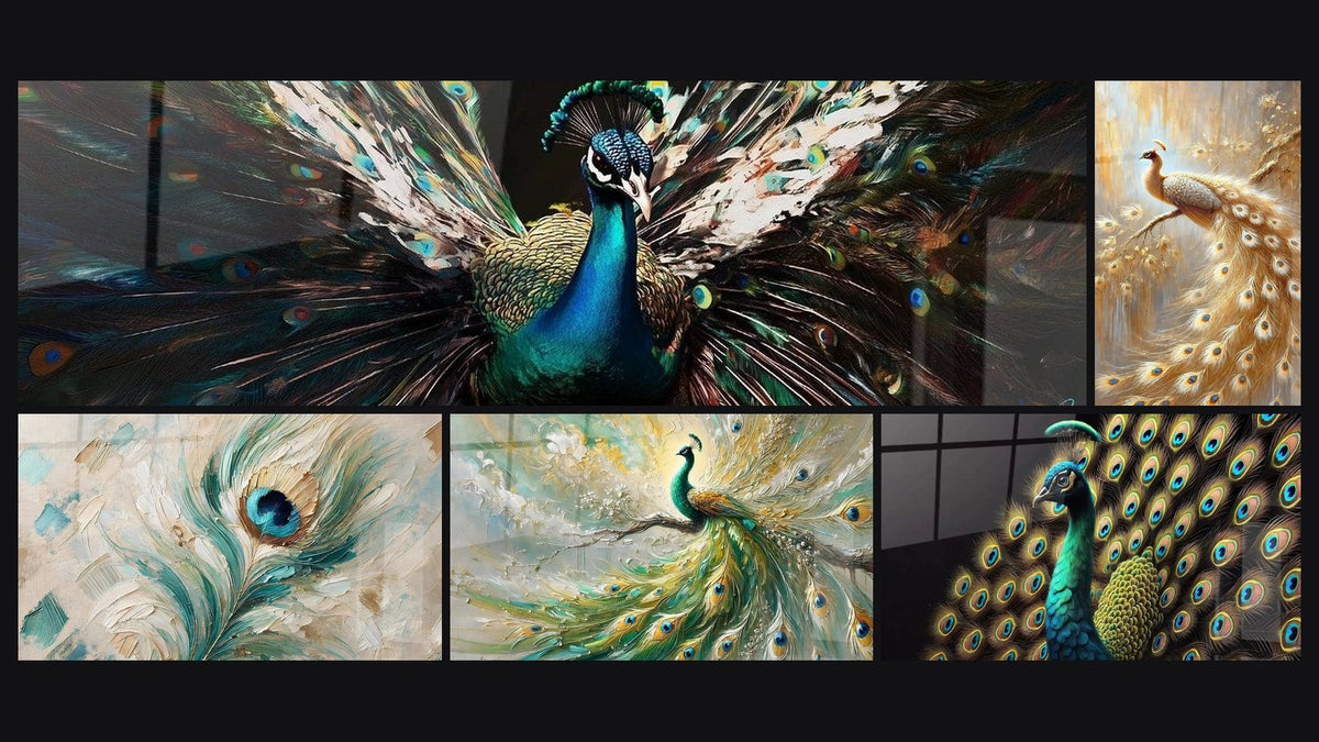 Mosaïque de cinq tableaux, dont Paon éventail d'émeraude, L'Œil du Paon et Splendeur Royale