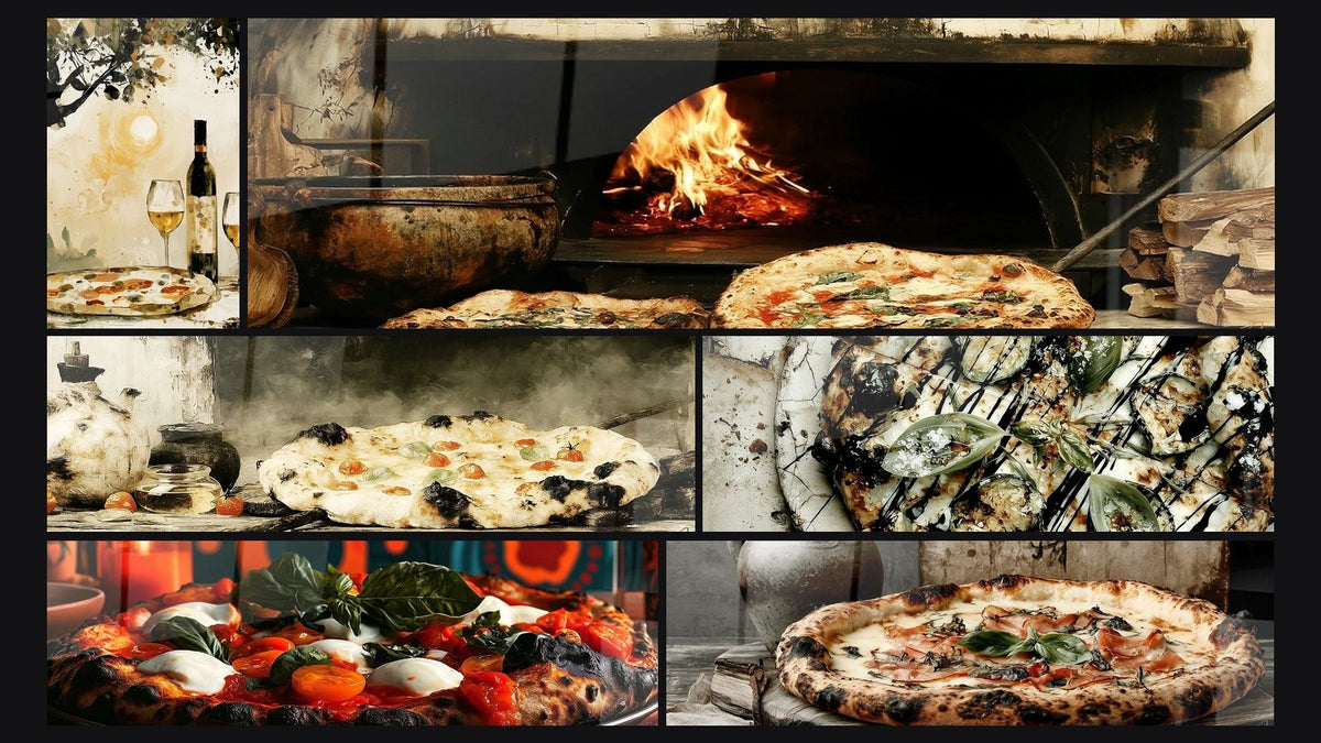 Mosaïque de six tableaux, dont Pizza napolitaine sur bois brûlé rustique et Pizza margherita rouge et verte au basilic