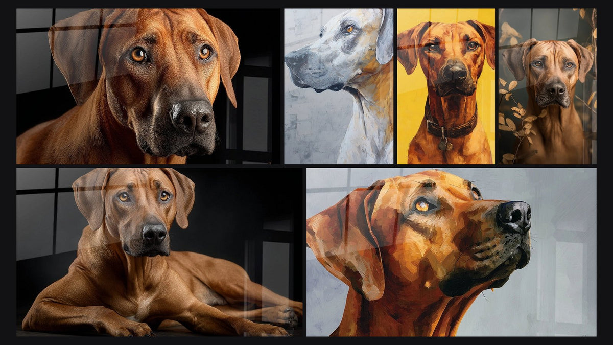 Mosaico di sei quadri, tra cui Ritratto di Cane con Occhi Ambrati e Ritratto di Cane dallo Sguardo Nobile