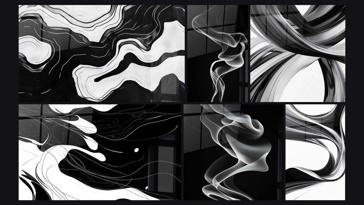 Mosaico de seis cuadros, entre ellos Marea Binaria -Edición Blanco y Negro y Fluidez Gráfico -Edición Blanco y Negro