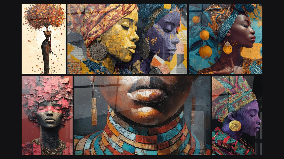 Mosaïque de six tableaux, dont Femme Africaine Automne, Femme Africaine et Femme Africaine Collier